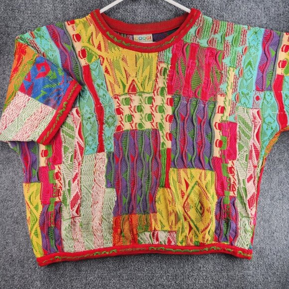 COOGI Australia Short Sleeve Sweater Knit Intricate Colorful Large Patchwork Art - Picture 1 of 16